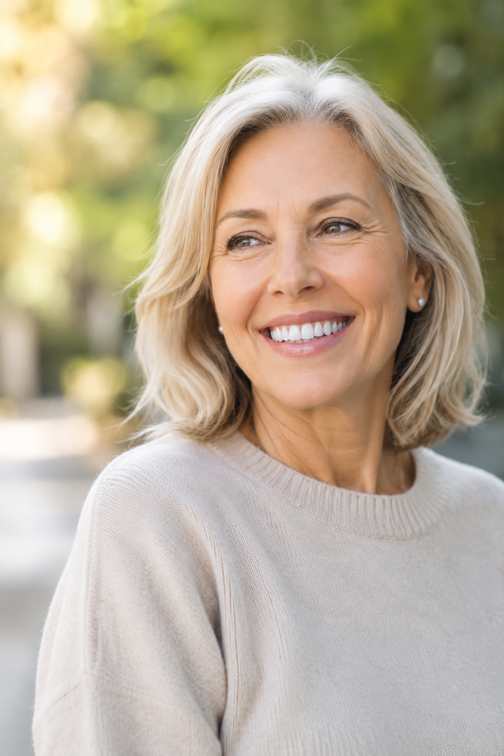 An older woman smiles while outside.